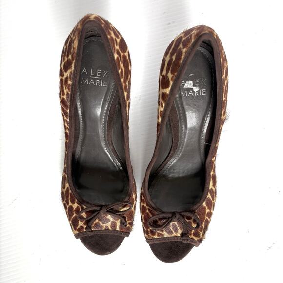 Alex Marie Cheetah Peep Toe Heels Pumps Brown Animal Calf Hair Bow Women’s 7.5 - Picture 6 of 8